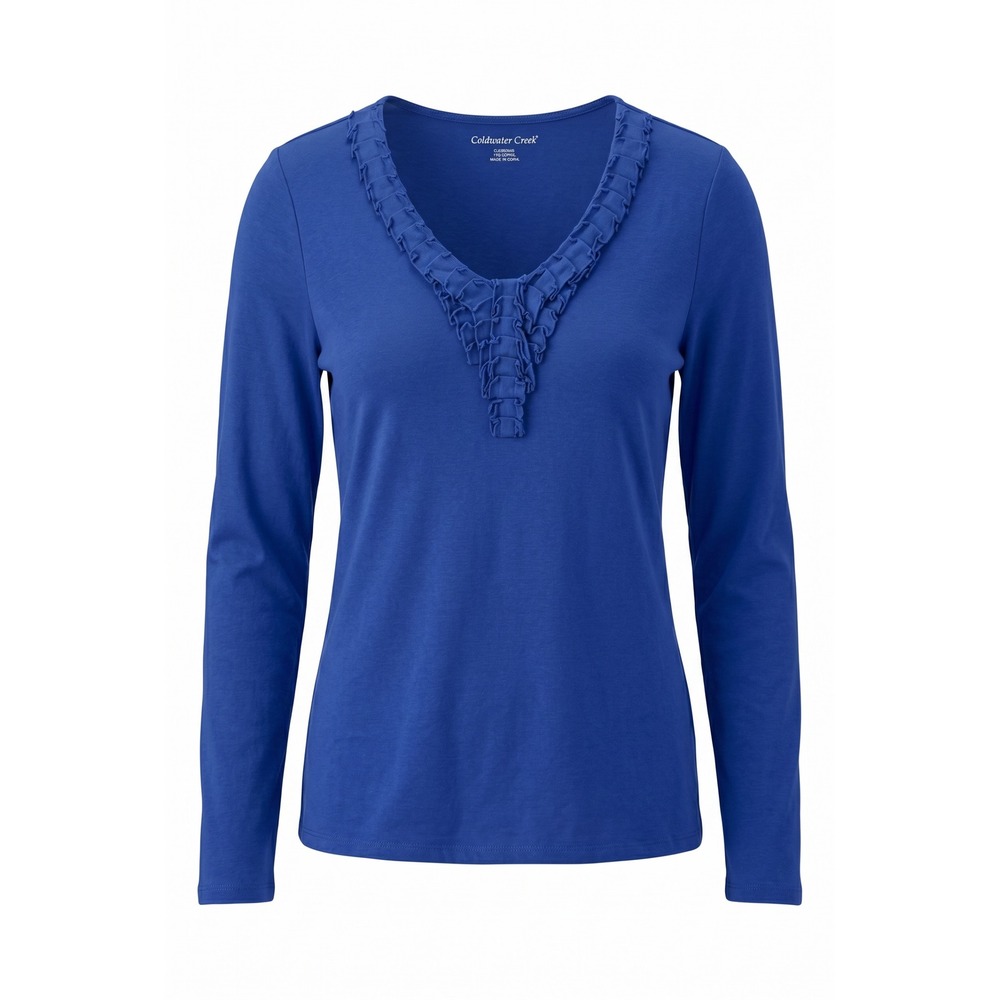 Coldwater Creek Royal Blue Ruffle V-Neck Long Sleeve Knit Top Size L 14-16